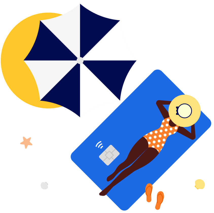 A woman lying on a beach on top of a Crestwood Capital Management debit card.